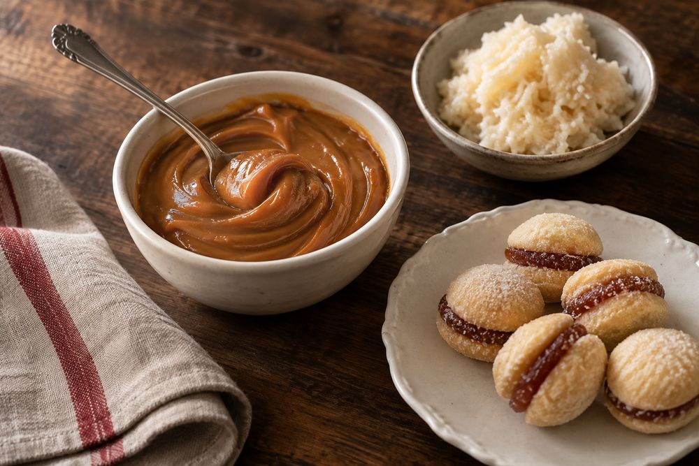 Composição ilustrativa com doce de leite, cocada cremosa e biscoitos em uma mesa de madeira